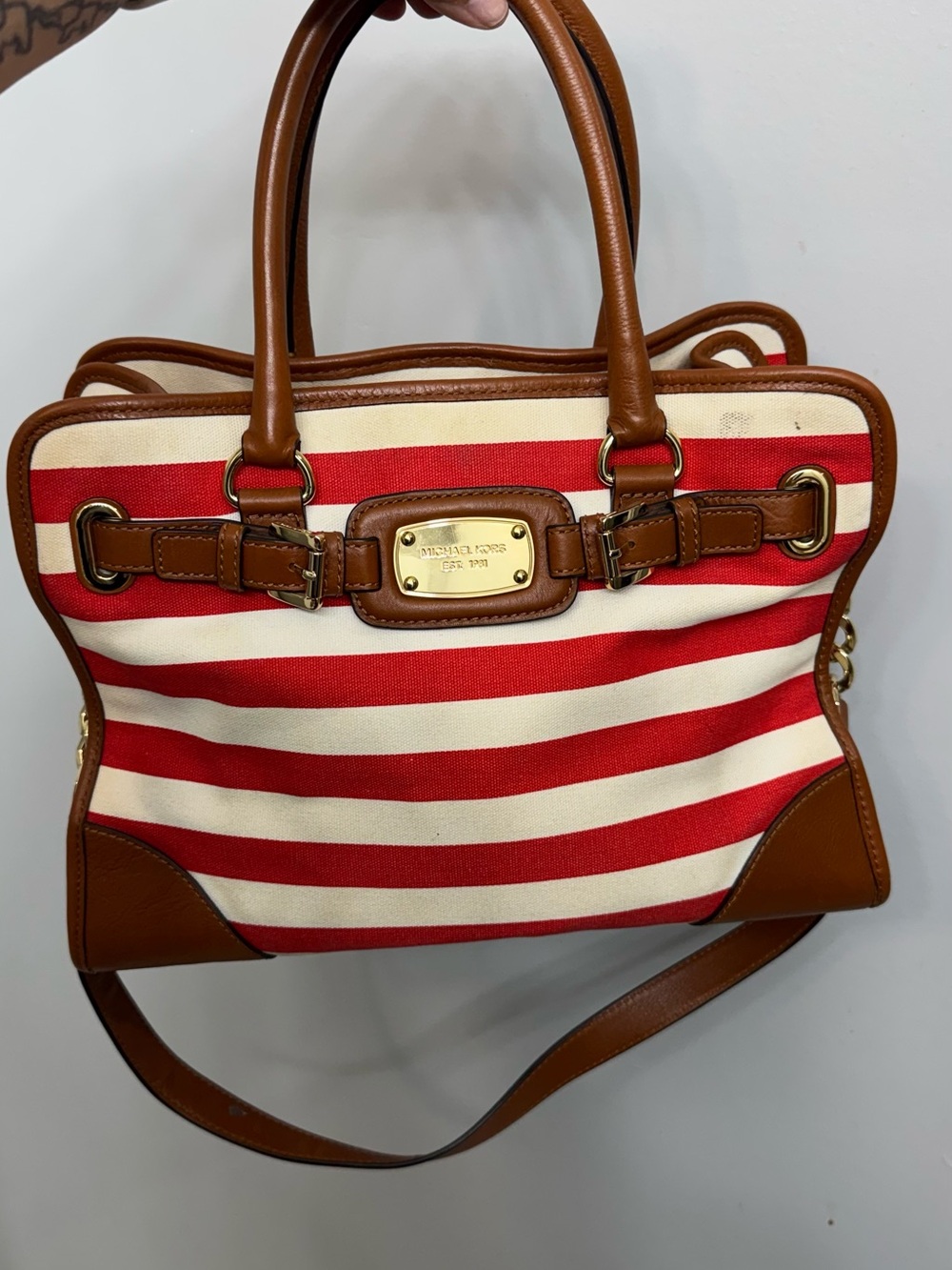 Michael Kors Red & Ivory Striped Satchel with Brown Leather Trim